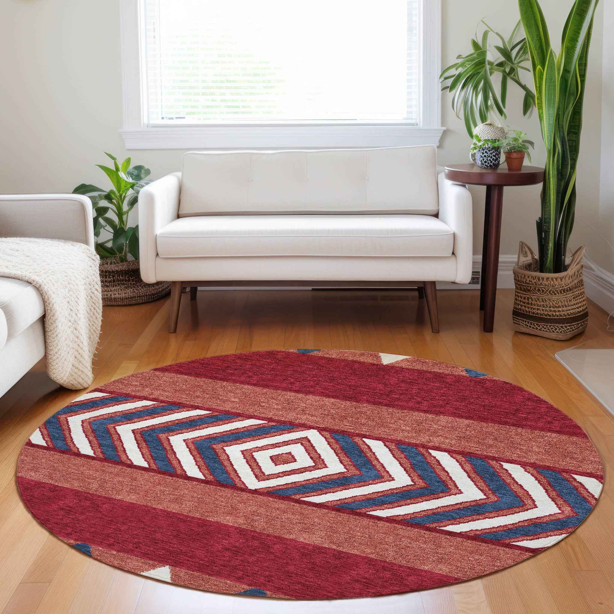 8' Red White And Navy Blue Round Southwestern Washable Indoor Outdoor Area Rug