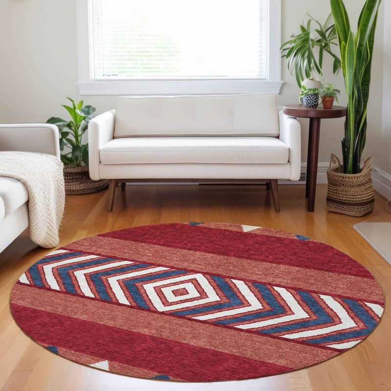 8' Red White And Navy Blue Round Southwestern Washable Indoor Outdoor Area Rug
