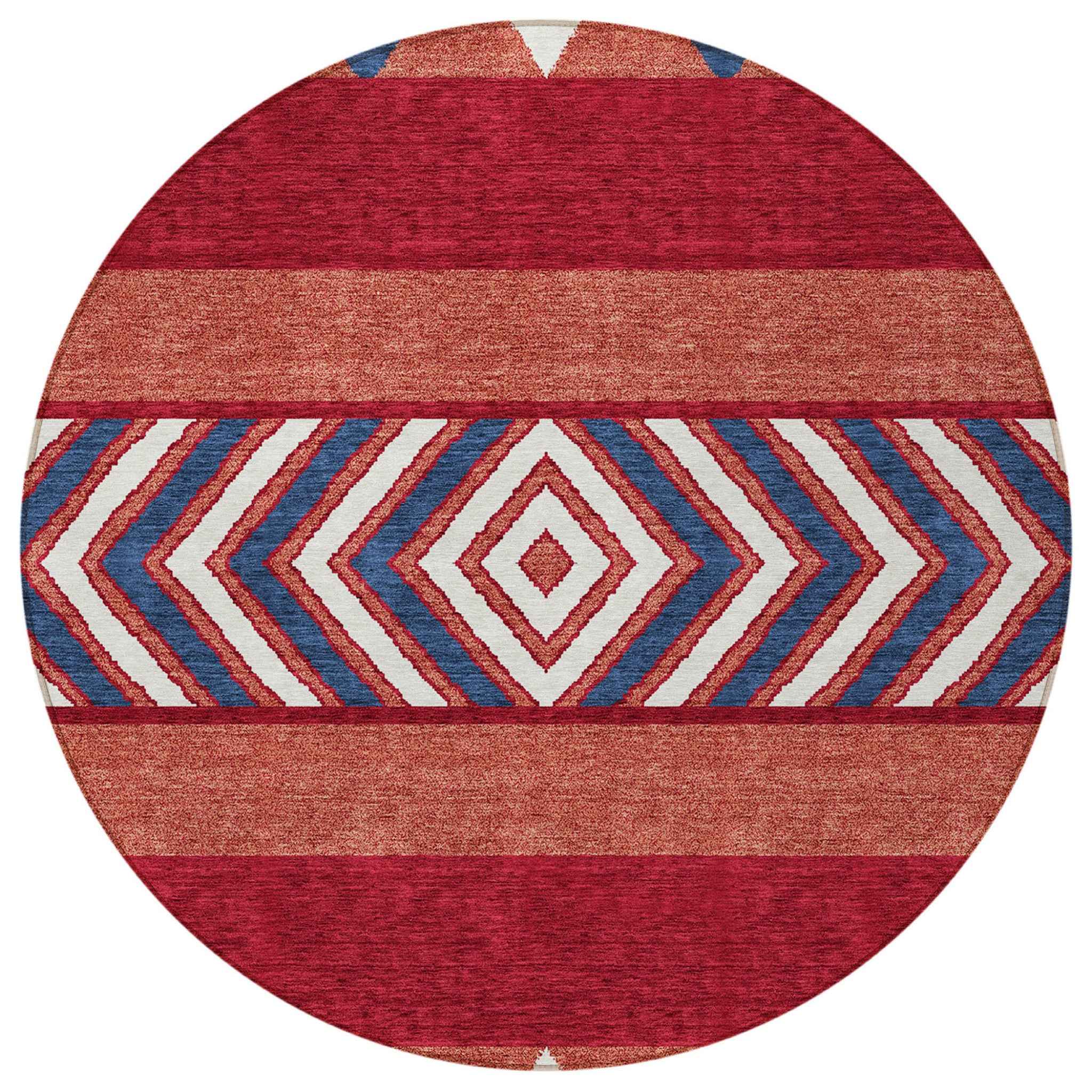 8' Red White And Navy Blue Round Southwestern Washable Indoor Outdoor Area Rug