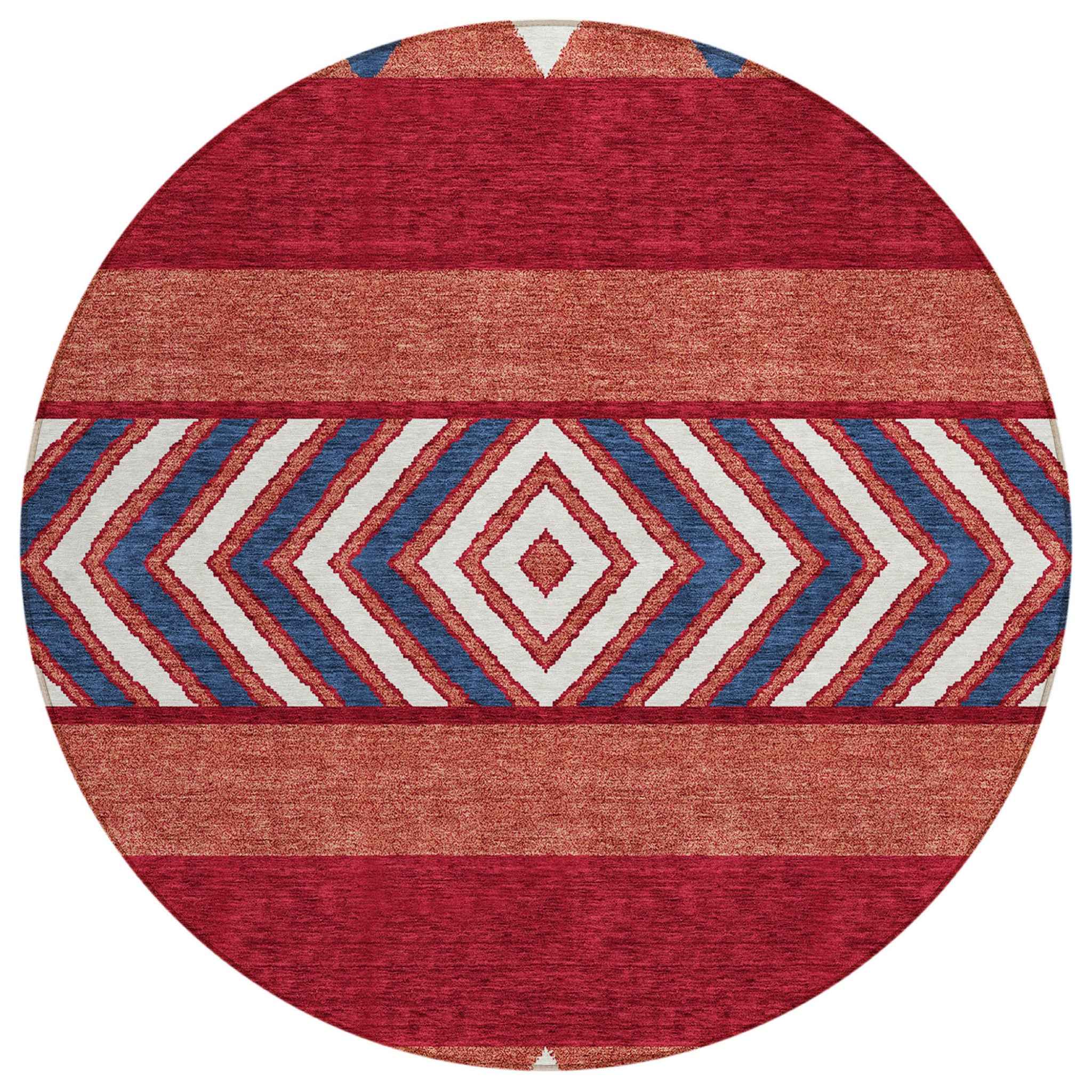 8' Red White And Navy Blue Round Southwestern Washable Indoor Outdoor Area Rug