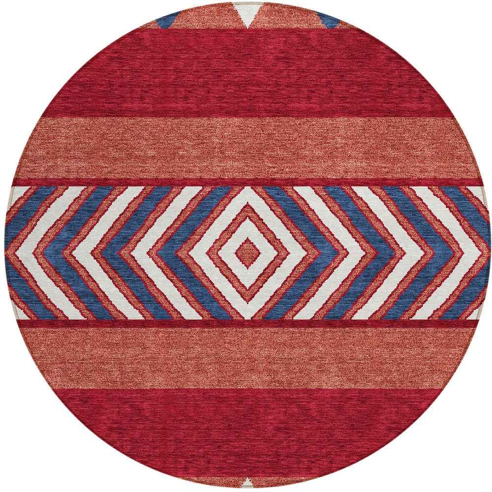 8' Red White And Navy Blue Round Southwestern Washable Indoor Outdoor Area Rug