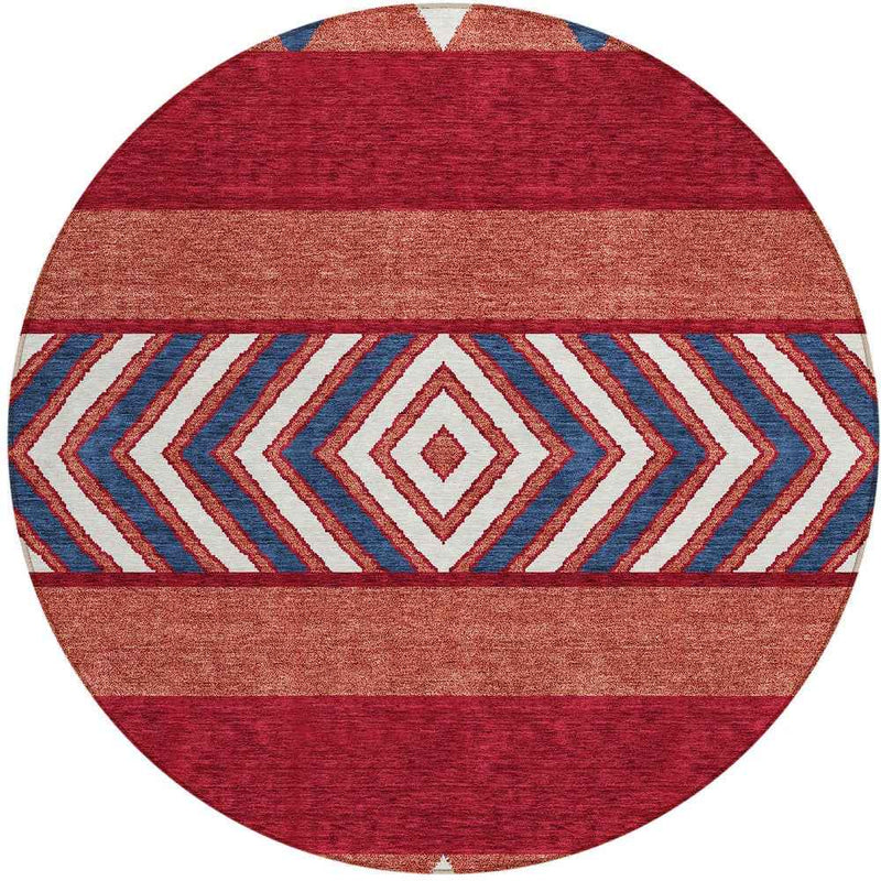8' Red White And Navy Blue Round Southwestern Washable Indoor Outdoor Area Rug