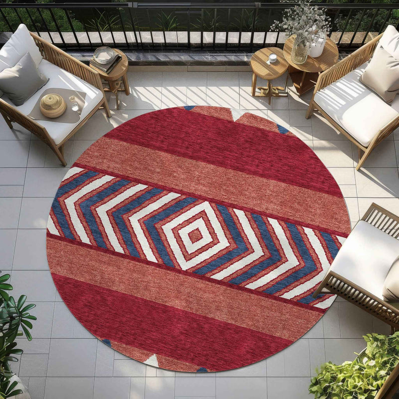 8' Red White And Navy Blue Round Southwestern Washable Indoor Outdoor Area Rug