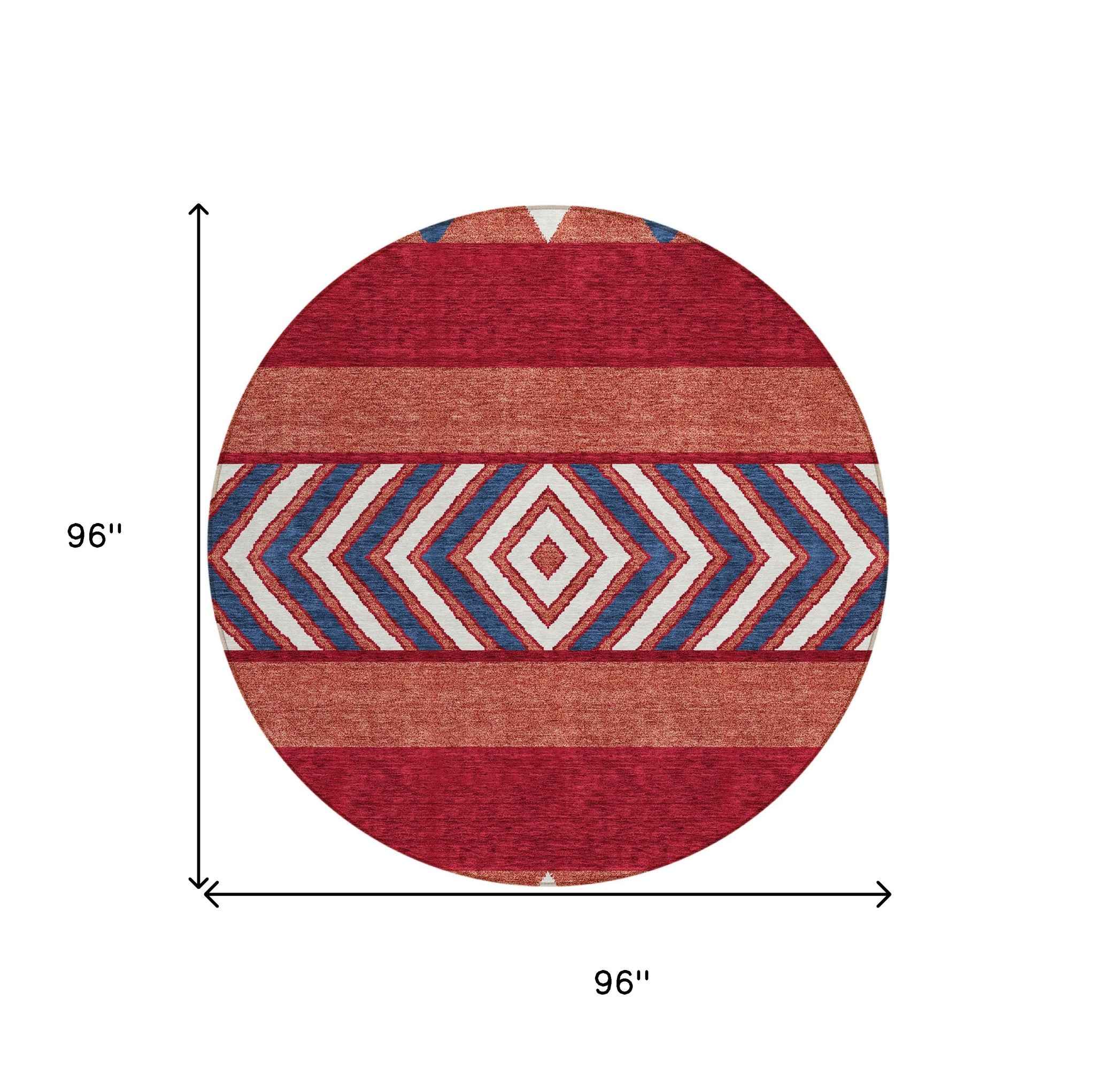 8' Red White And Navy Blue Round Southwestern Washable Indoor Outdoor Area Rug