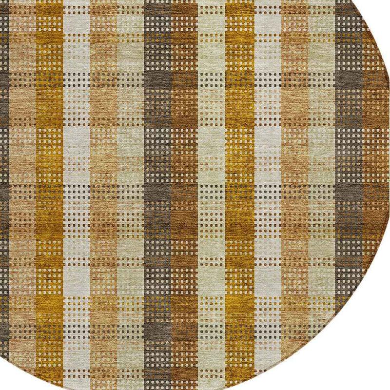 8' Wheat Ivory And Brown Round Plaid Washable Indoor Outdoor Area Rug