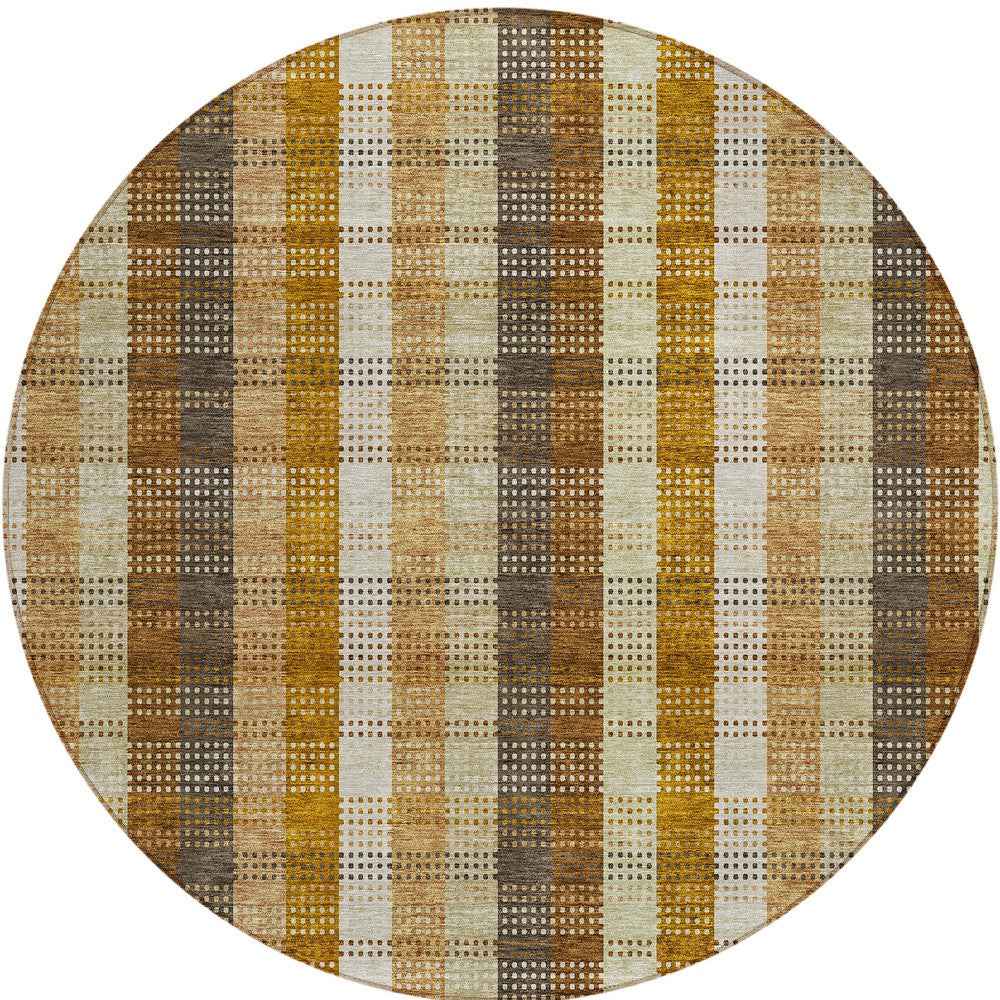 8' Wheat Ivory And Brown Round Plaid Washable Indoor Outdoor Area Rug