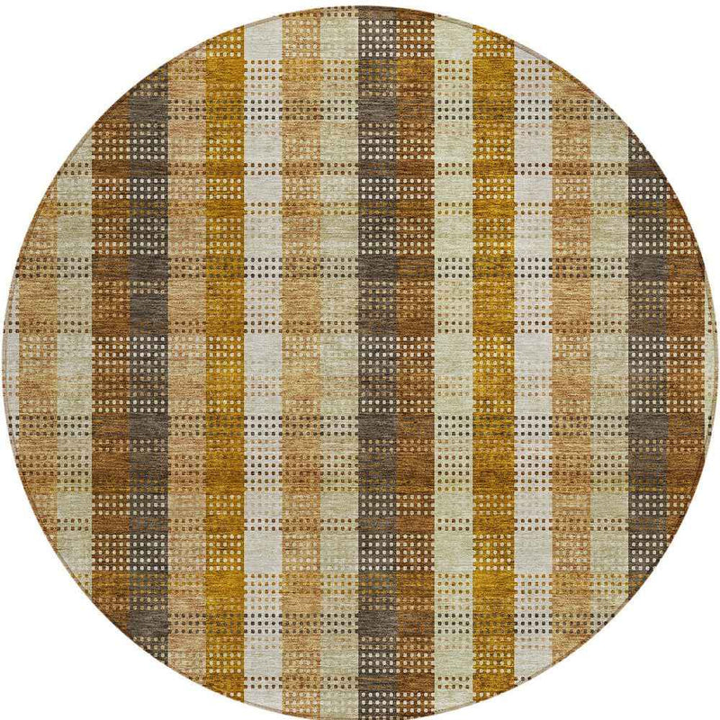 8' Wheat Ivory And Brown Round Plaid Washable Indoor Outdoor Area Rug