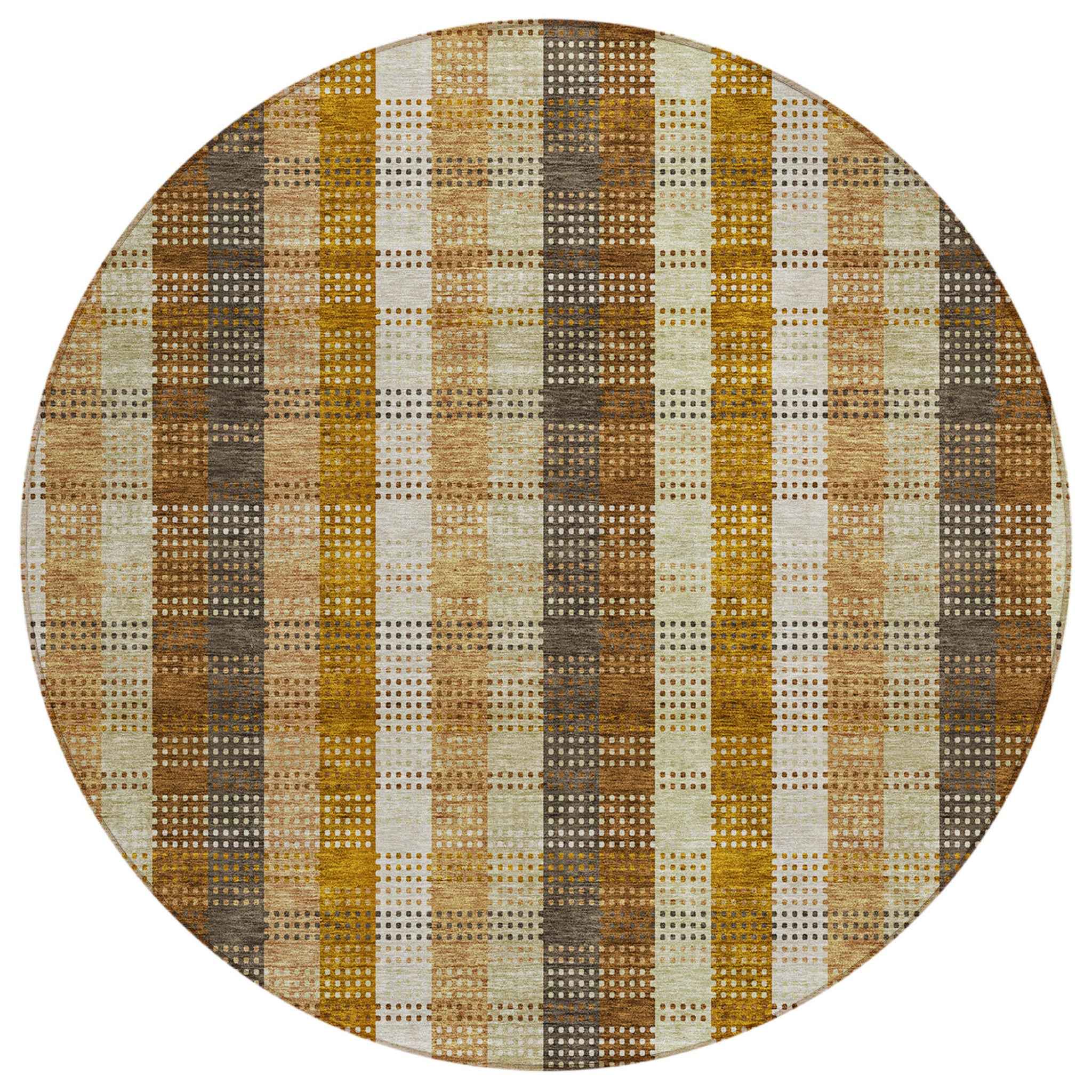 8' Wheat Ivory And Brown Round Plaid Washable Indoor Outdoor Area Rug