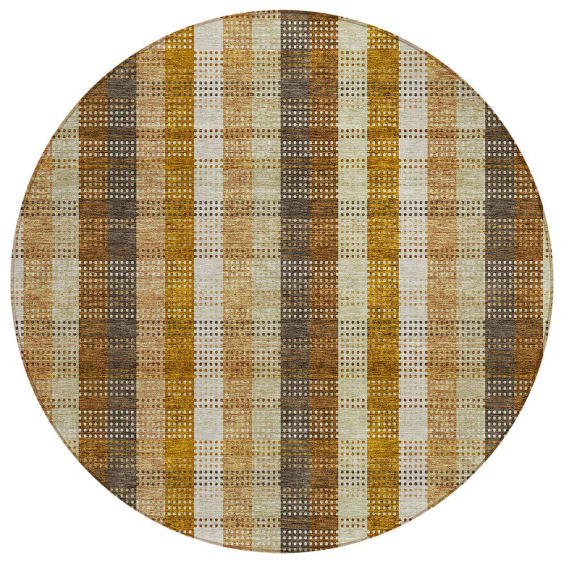 8' Wheat Ivory And Brown Round Plaid Washable Indoor Outdoor Area Rug