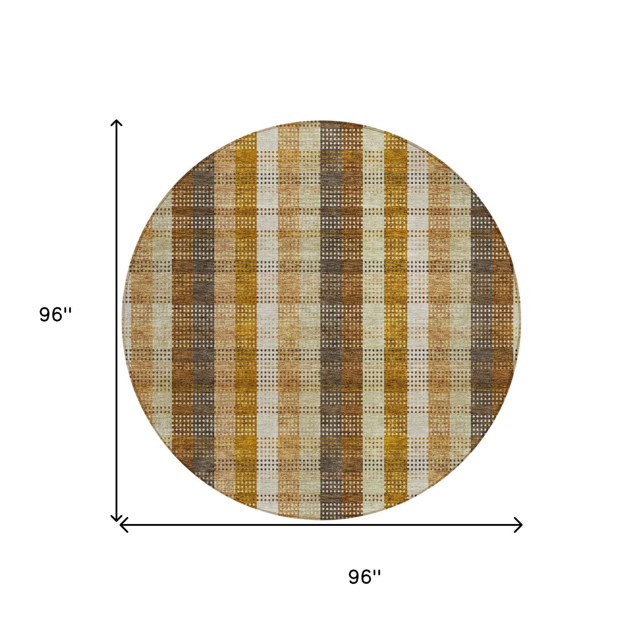8' Wheat Ivory And Brown Round Plaid Washable Indoor Outdoor Area Rug