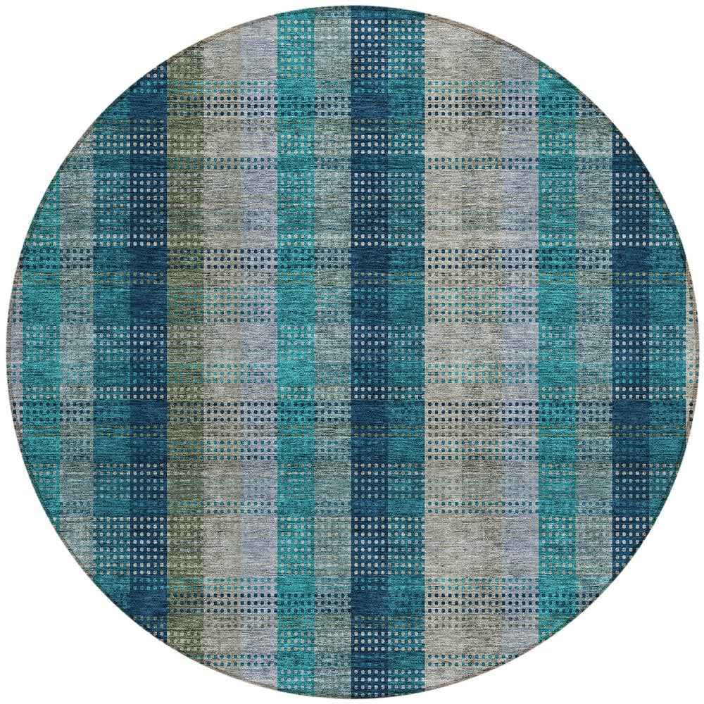 8' Teal Blue Navy Blue And Olive Green Round Plaid Washable Indoor Outdoor Area Rug