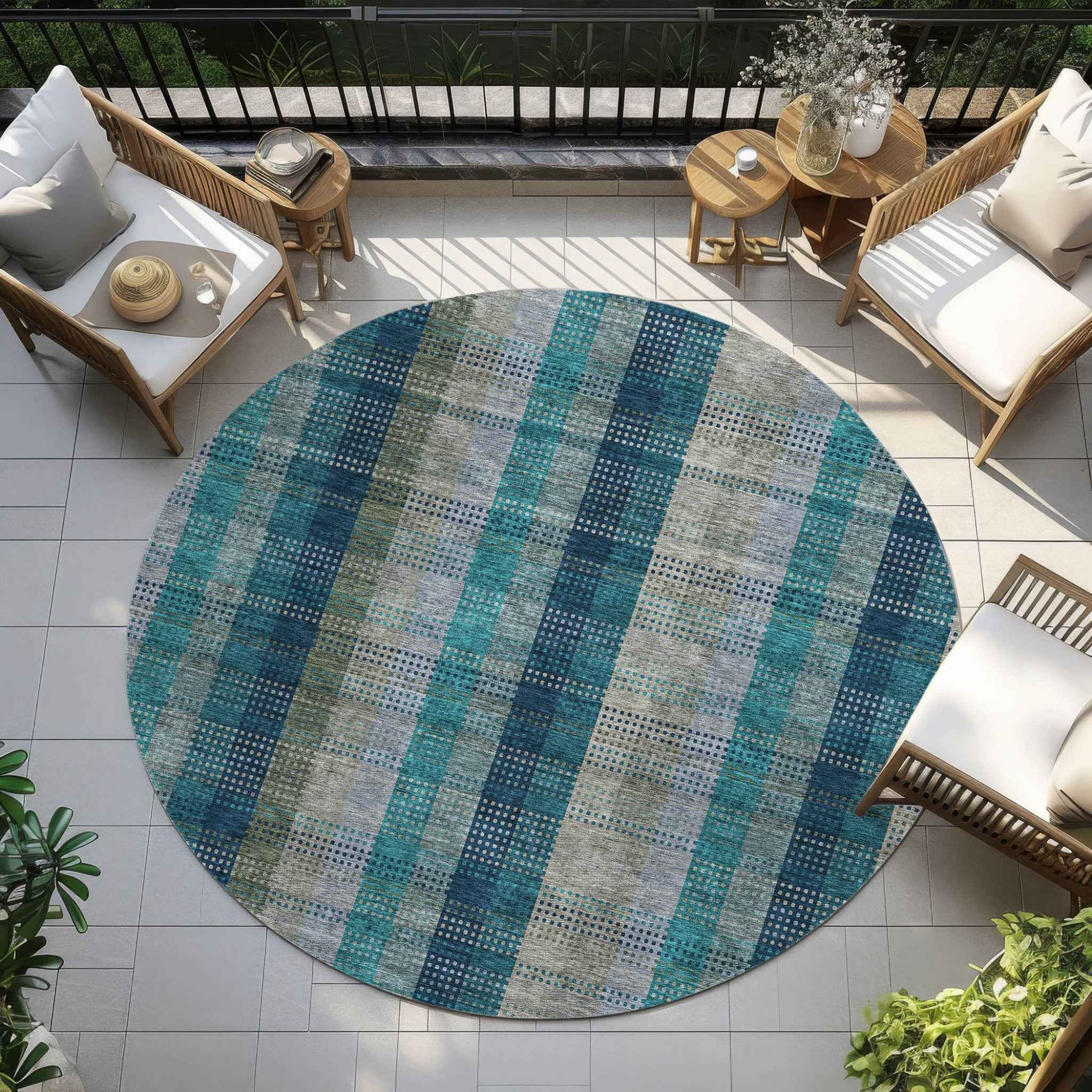 8' Teal Blue Navy Blue And Olive Green Round Plaid Washable Indoor Outdoor Area Rug