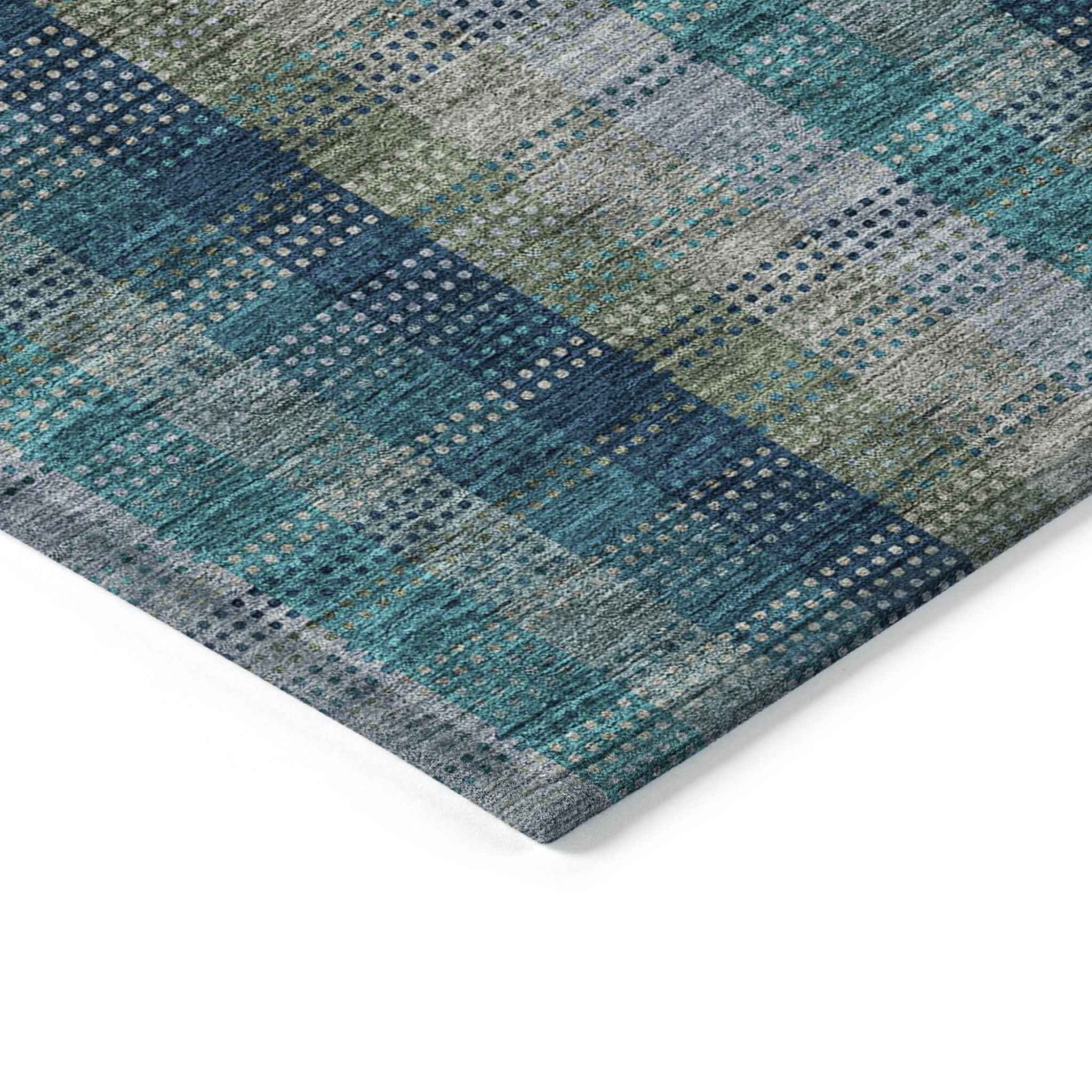 8' Teal Blue Navy Blue And Olive Green Round Plaid Washable Indoor Outdoor Area Rug