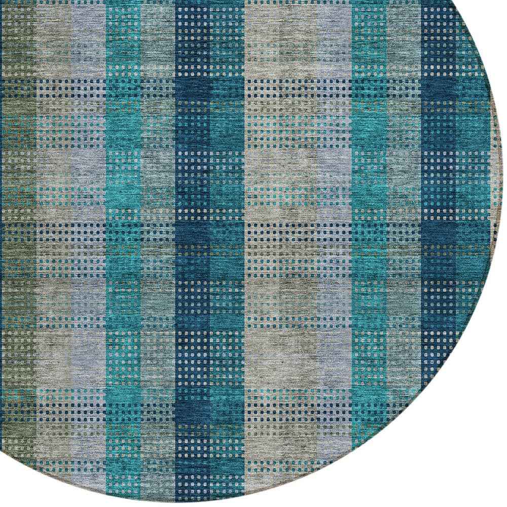 8' Teal Blue Navy Blue And Olive Green Round Plaid Washable Indoor Outdoor Area Rug