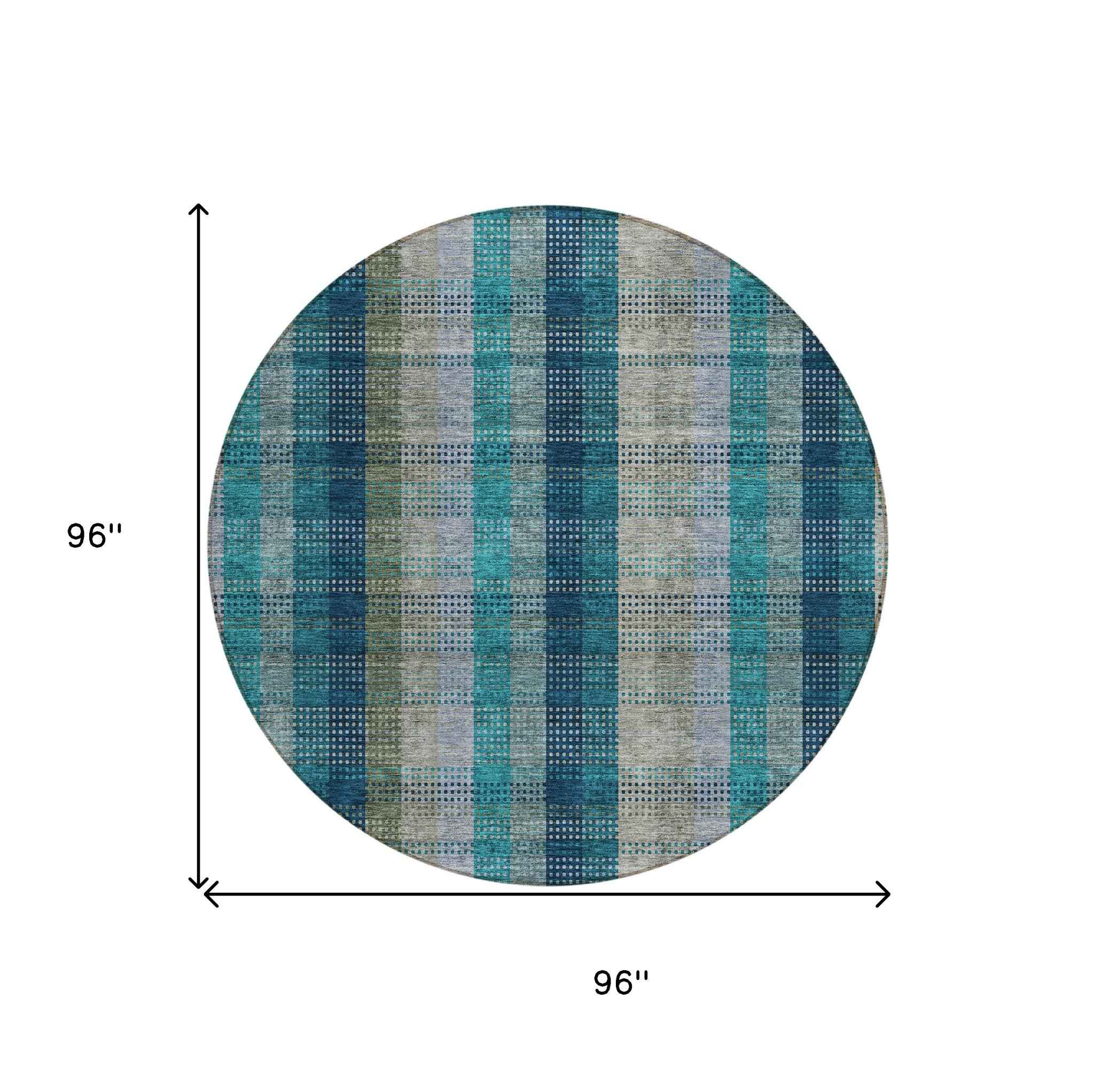 8' Teal Blue Navy Blue And Olive Green Round Plaid Washable Indoor Outdoor Area Rug