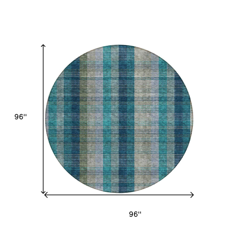 8' Teal Blue Navy Blue And Olive Green Round Plaid Washable Indoor Outdoor Area Rug