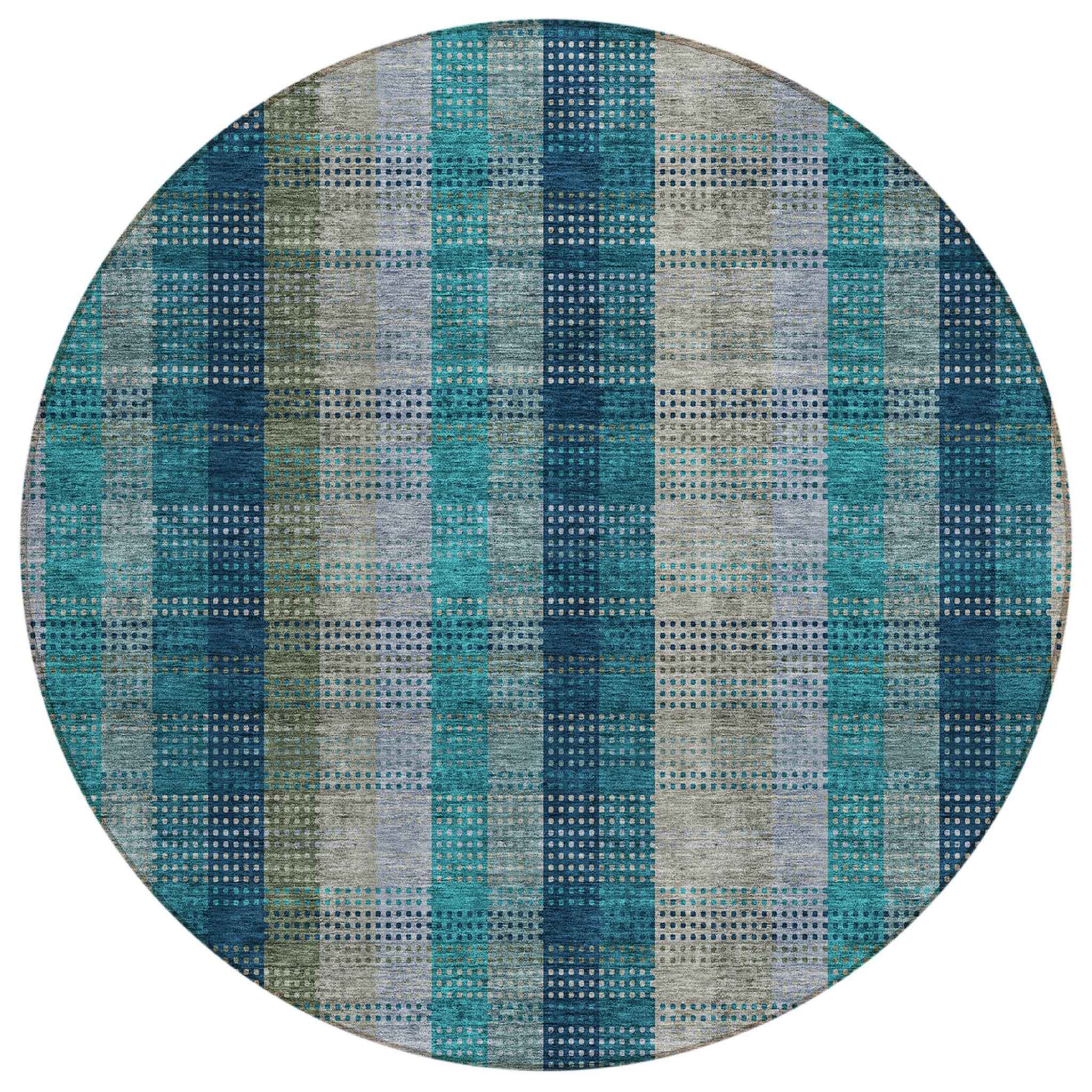 8' Teal Blue Navy Blue And Olive Green Round Plaid Washable Indoor Outdoor Area Rug