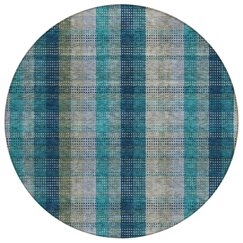 8' Teal Blue Navy Blue And Olive Green Round Plaid Washable Indoor Outdoor Area Rug