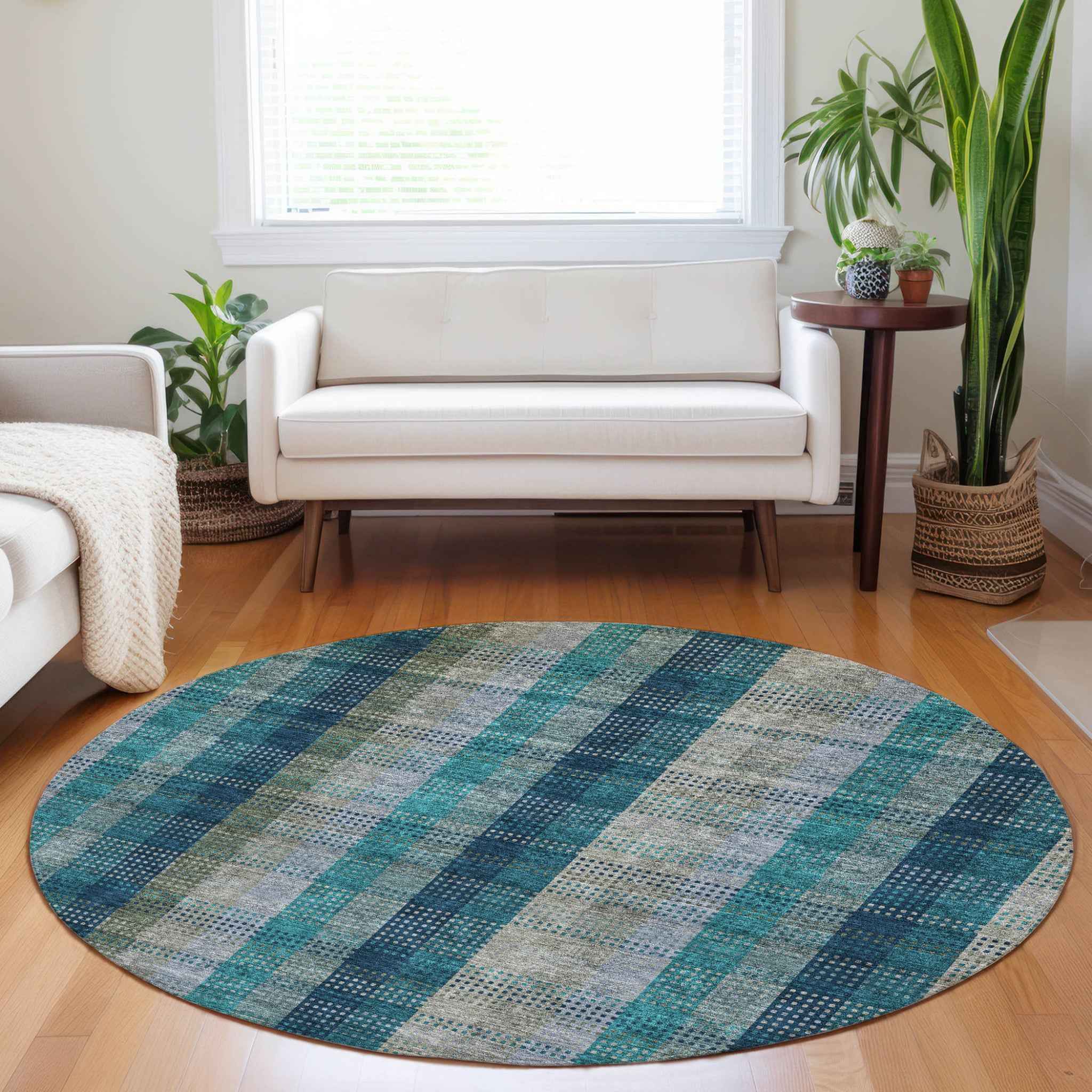8' Teal Blue Navy Blue And Olive Green Round Plaid Washable Indoor Outdoor Area Rug