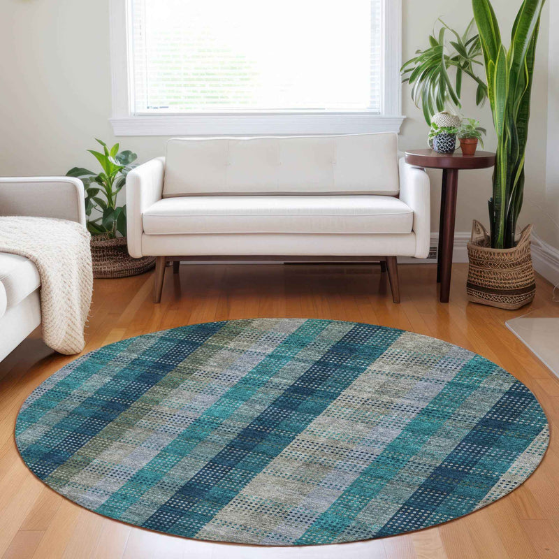8' Teal Blue Navy Blue And Olive Green Round Plaid Washable Indoor Outdoor Area Rug