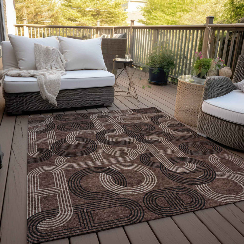 10' X 14' Chocolate And Beige Geometric Washable Indoor Outdoor Area Rug