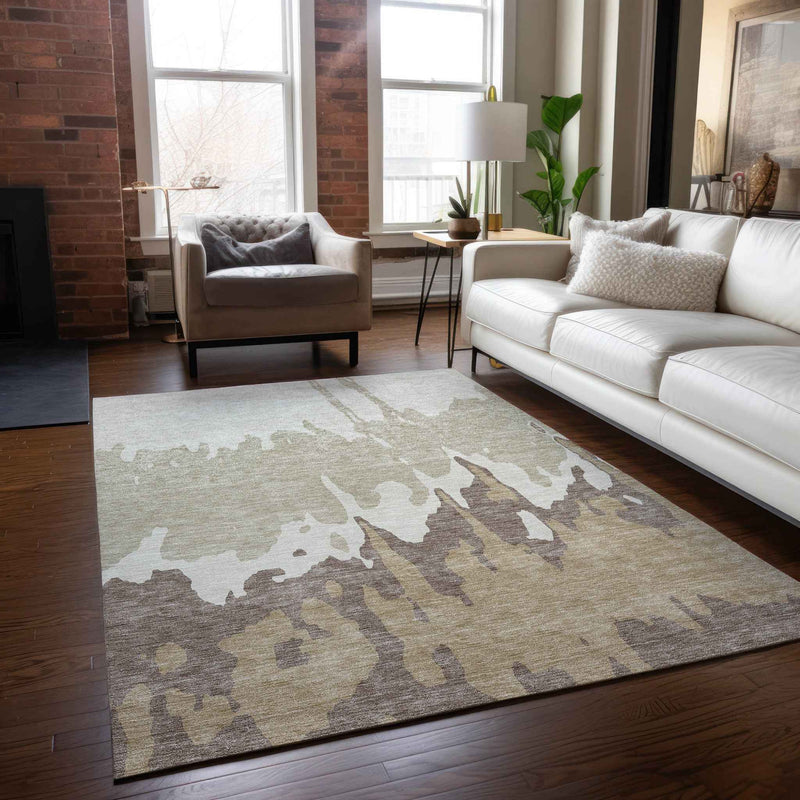 3' X 5' Ivory And Beige Abstract Washable Indoor Outdoor Area Rug