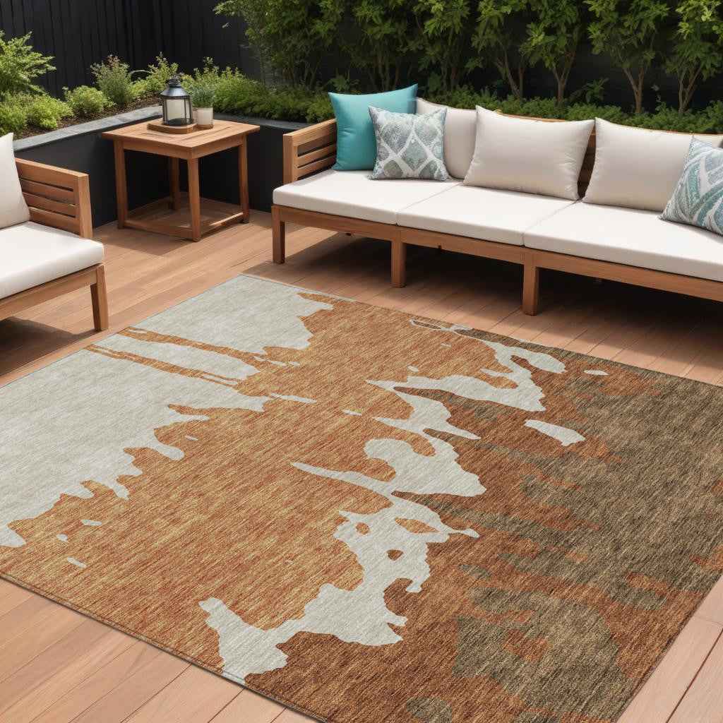 8' X 10' Orange And Brown Abstract Washable Indoor Outdoor Area Rug