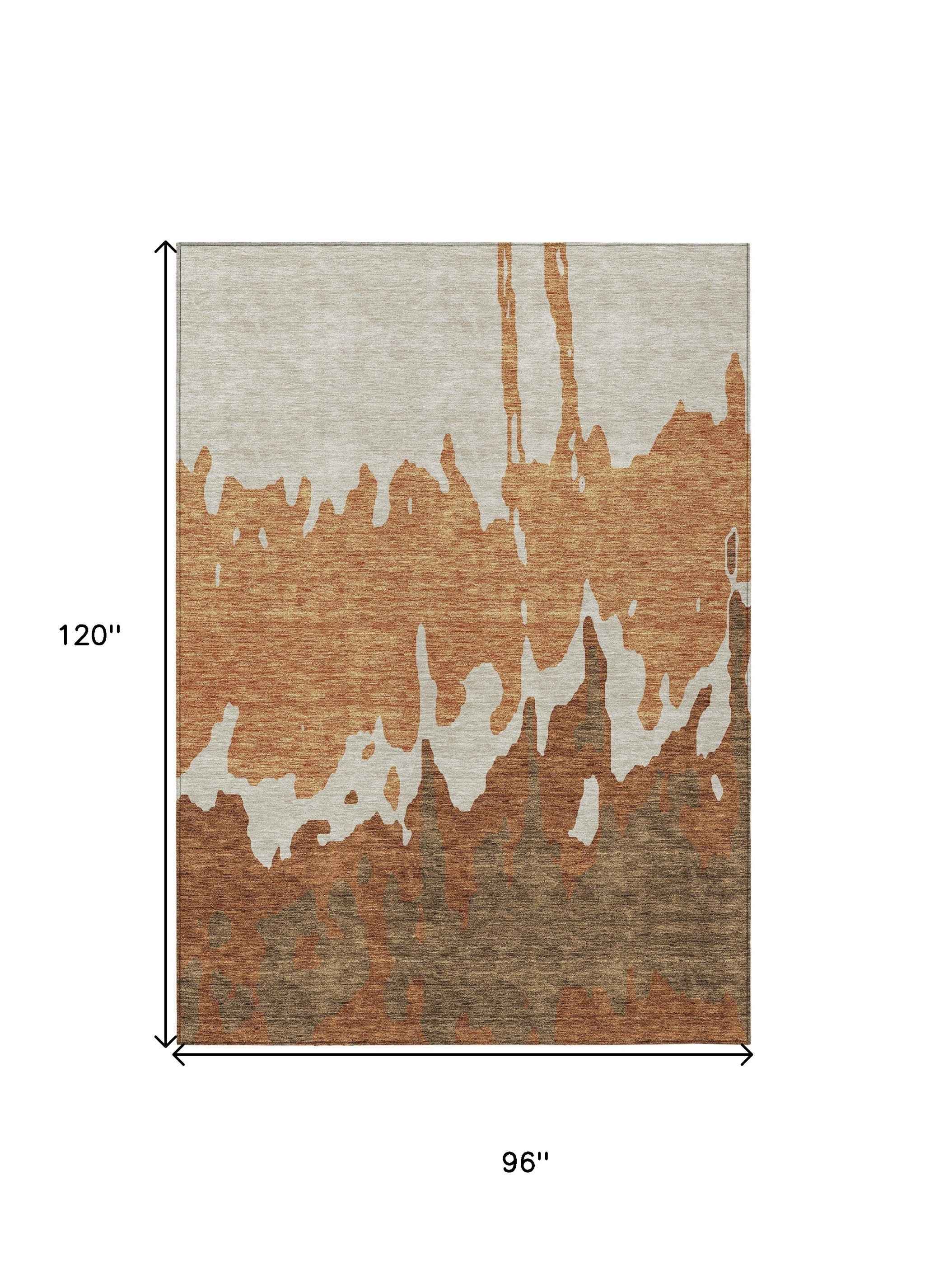 8' X 10' Orange And Brown Abstract Washable Indoor Outdoor Area Rug