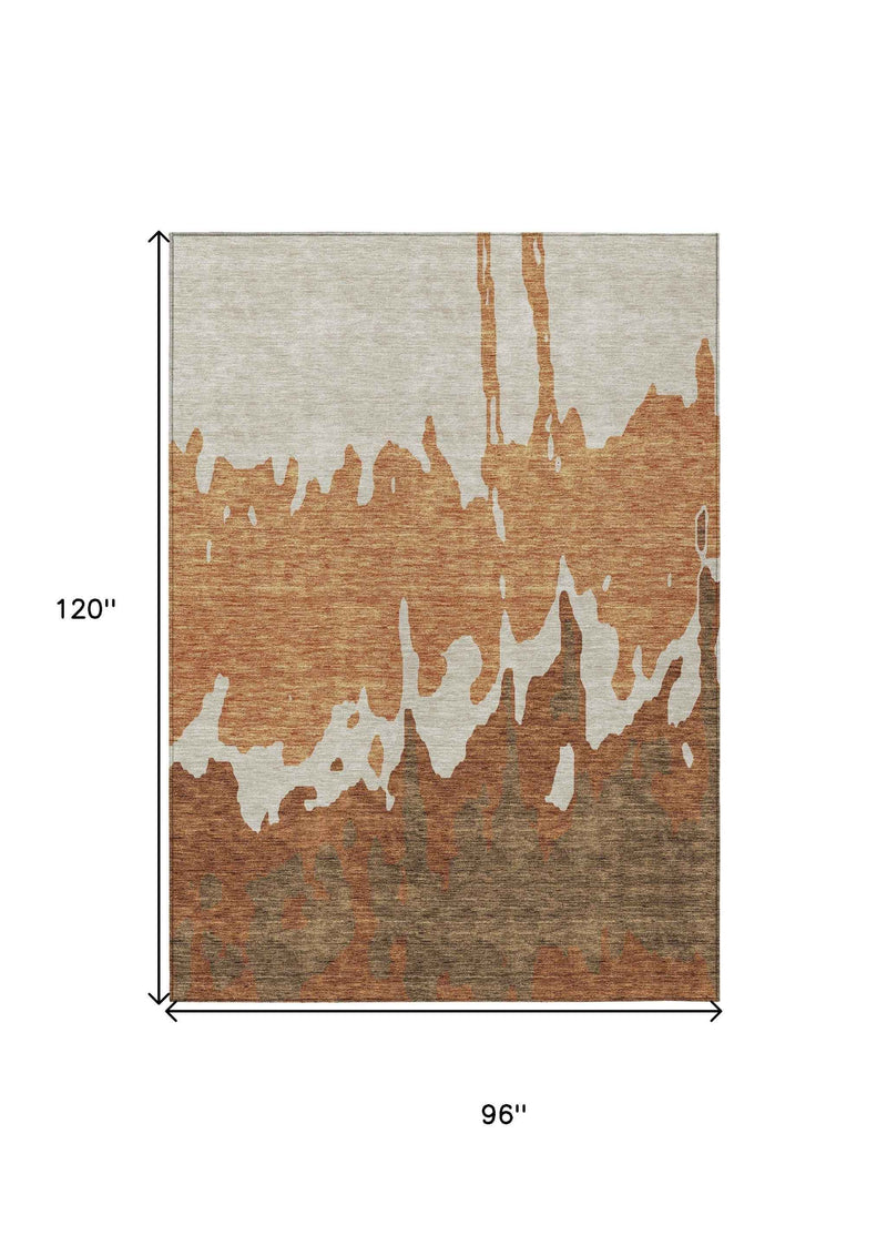 8' X 10' Orange And Brown Abstract Washable Indoor Outdoor Area Rug