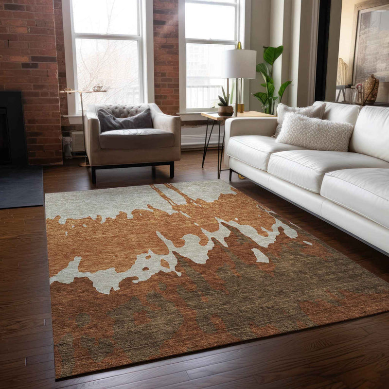 8' X 10' Orange And Brown Abstract Washable Indoor Outdoor Area Rug