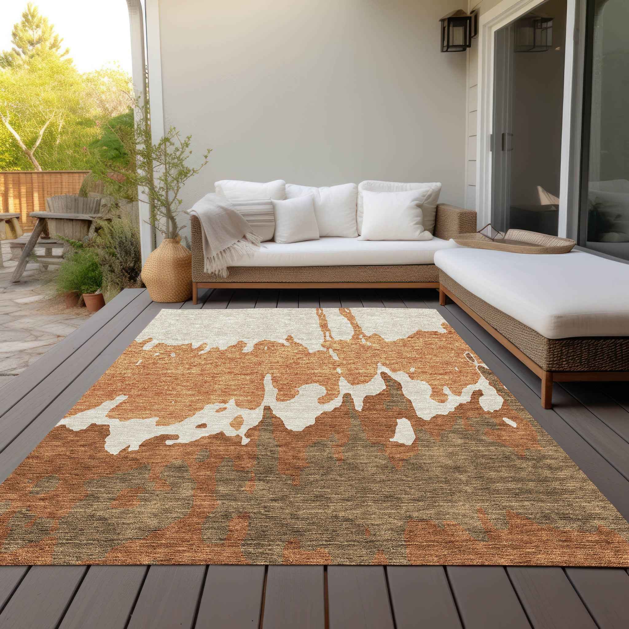 8' X 10' Orange And Brown Abstract Washable Indoor Outdoor Area Rug