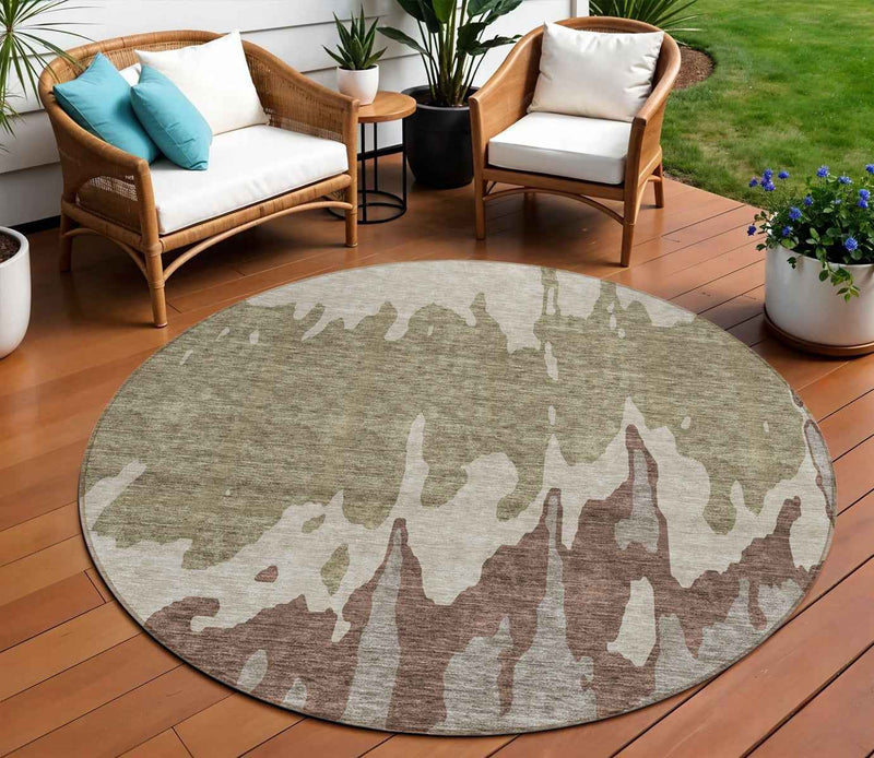 8' Beige And Taupe Round Abstract Washable Indoor Outdoor Area Rug
