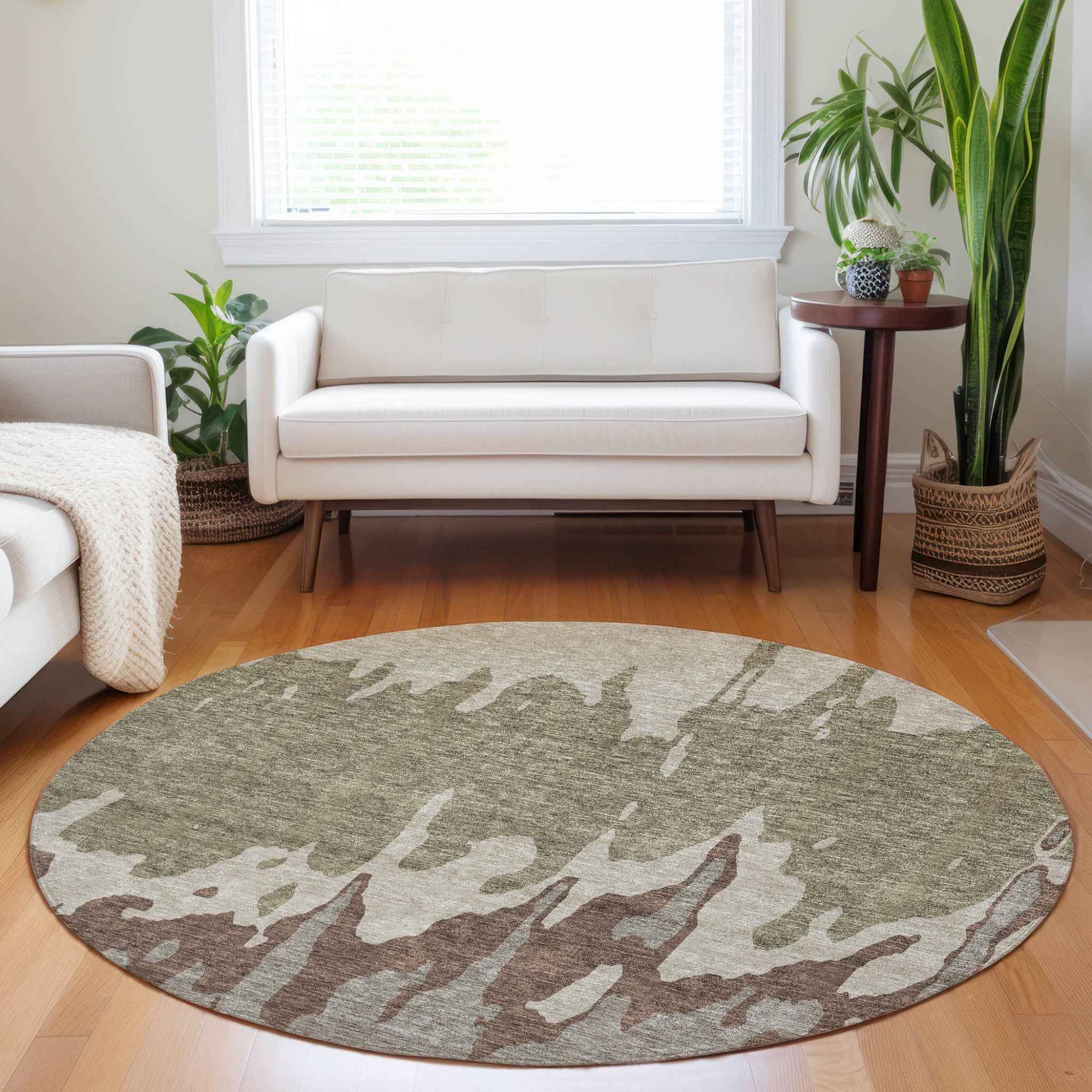 8' Beige And Taupe Round Abstract Washable Indoor Outdoor Area Rug