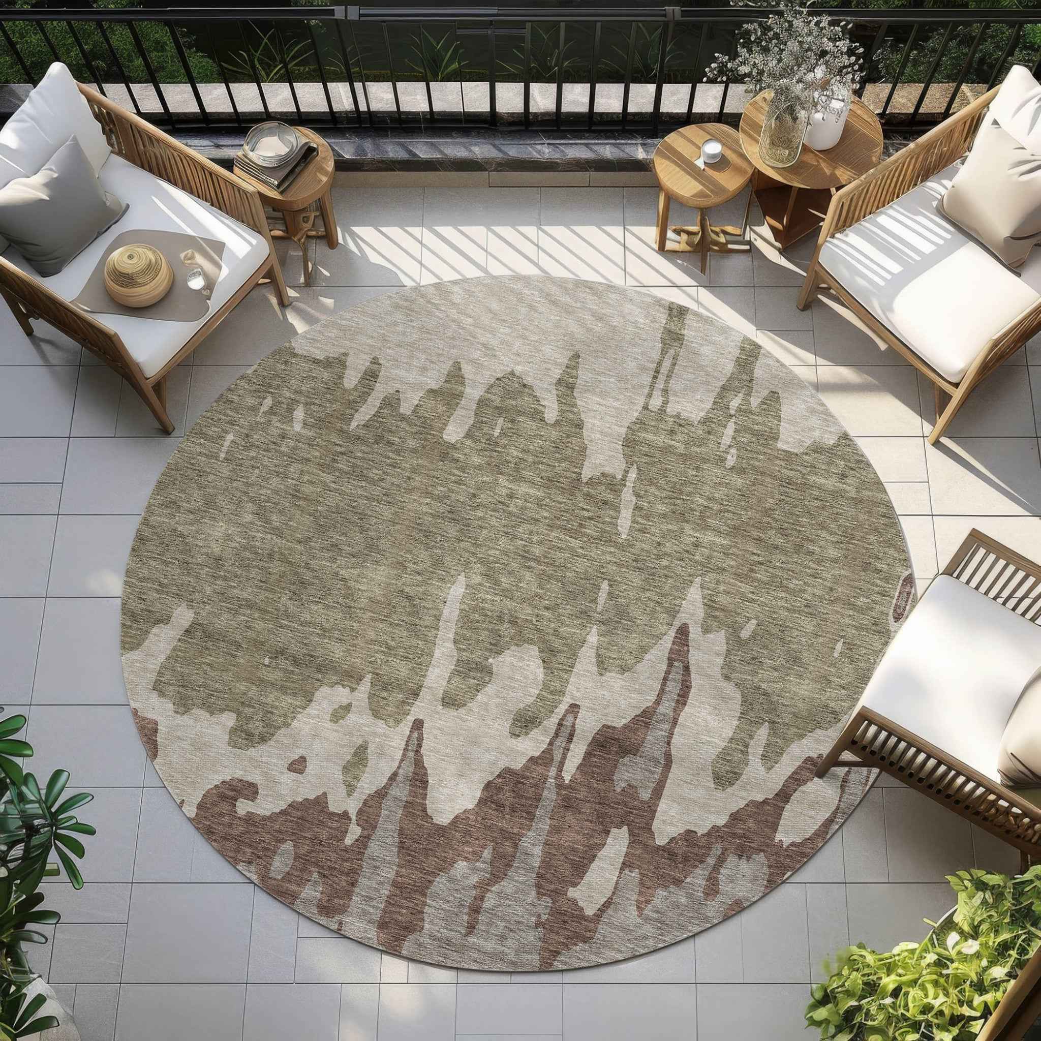 8' Beige And Taupe Round Abstract Washable Indoor Outdoor Area Rug