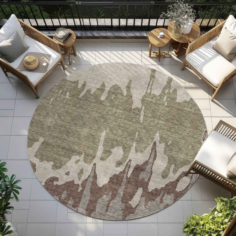 8' Beige And Taupe Round Abstract Washable Indoor Outdoor Area Rug