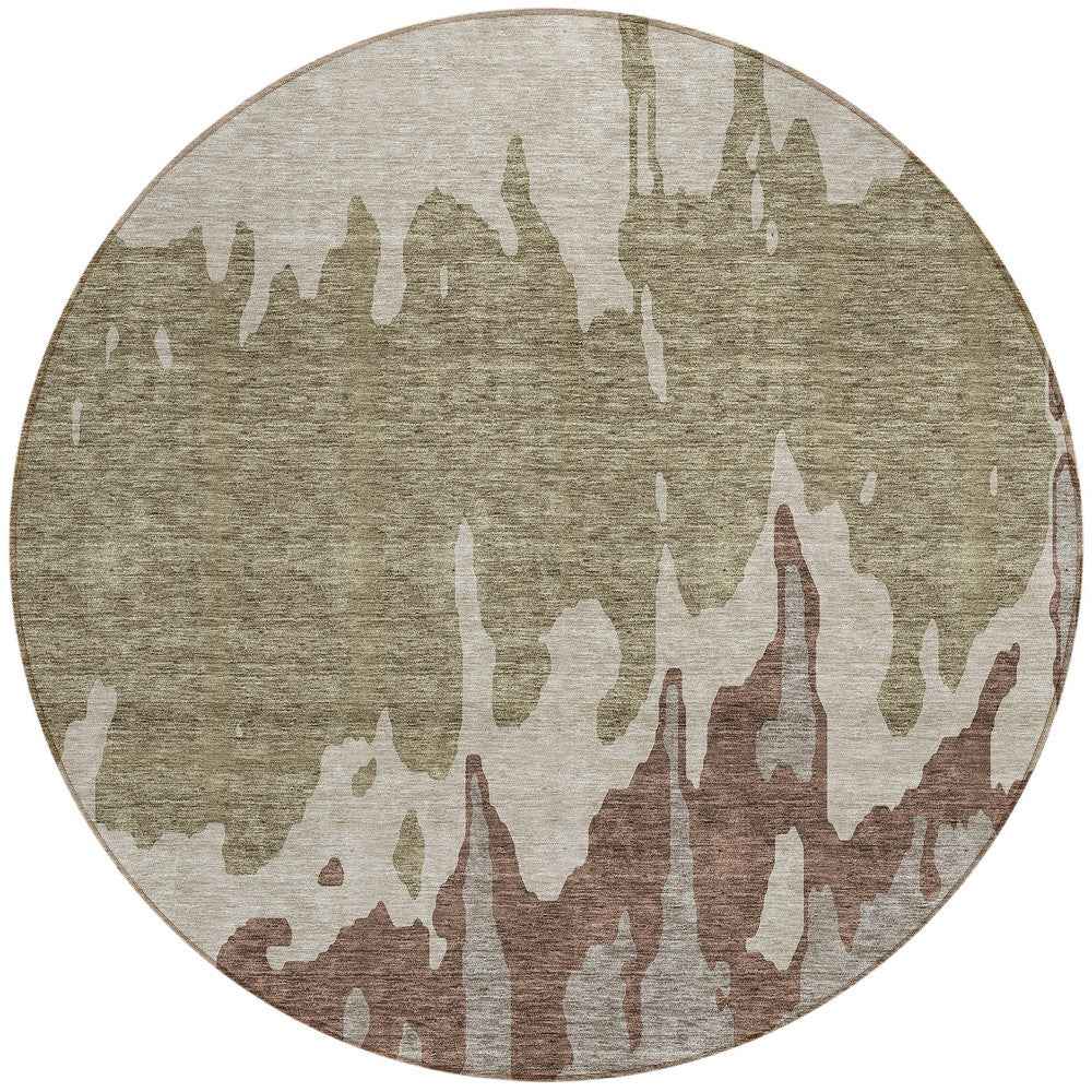 8' Beige And Taupe Round Abstract Washable Indoor Outdoor Area Rug