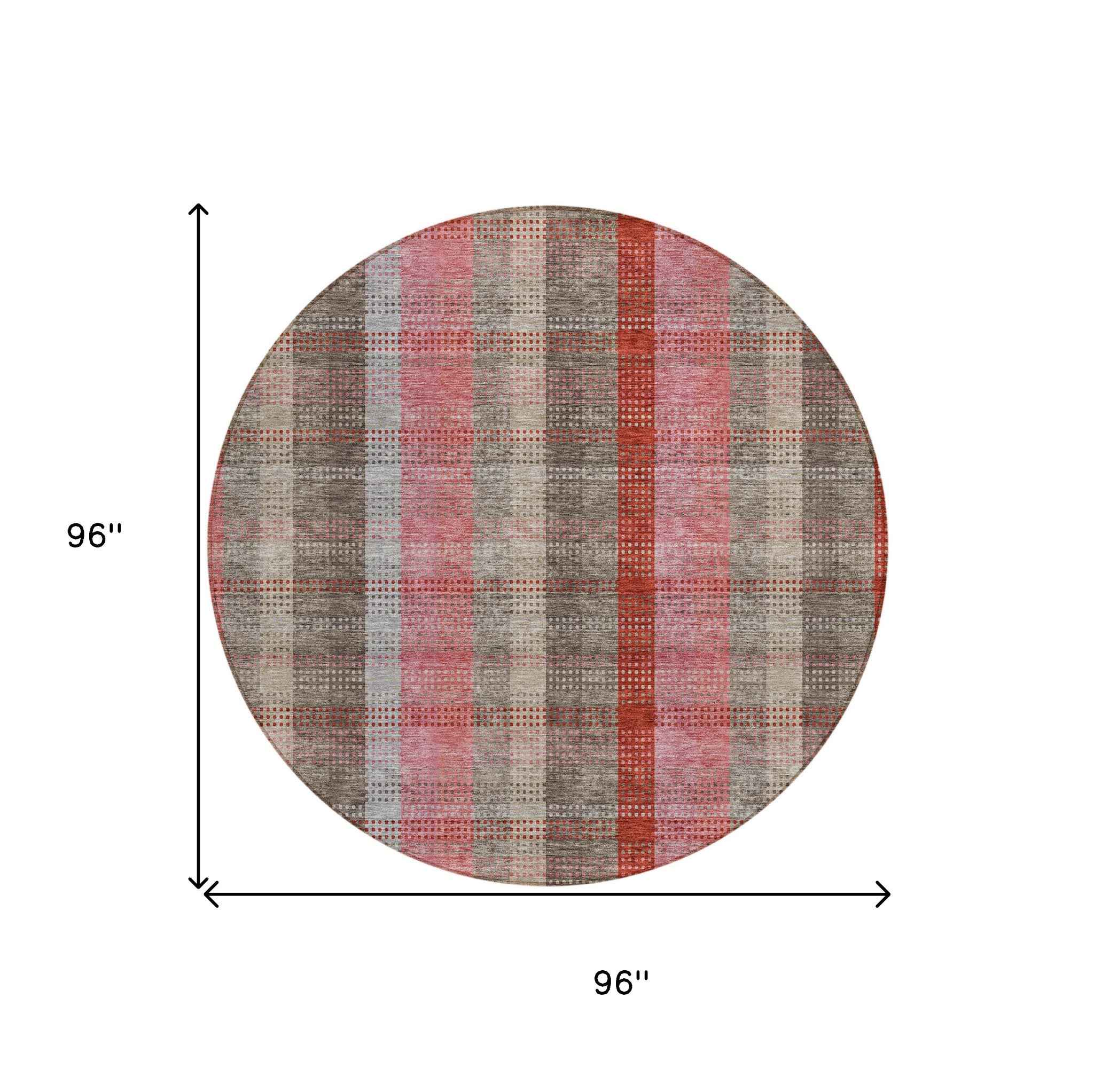 8' Red Pink And Pewter Round Plaid Washable Indoor Outdoor Area Rug