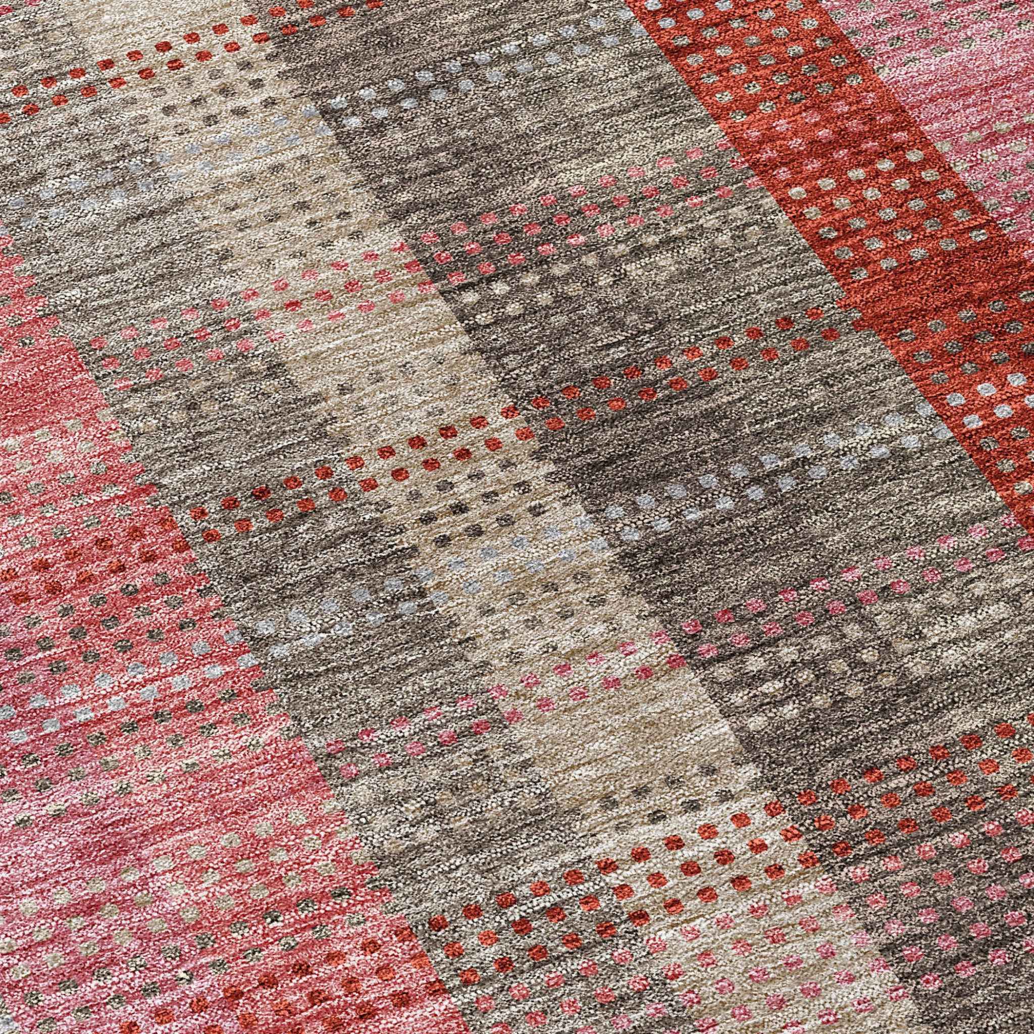 8' Red Pink And Pewter Round Plaid Washable Indoor Outdoor Area Rug