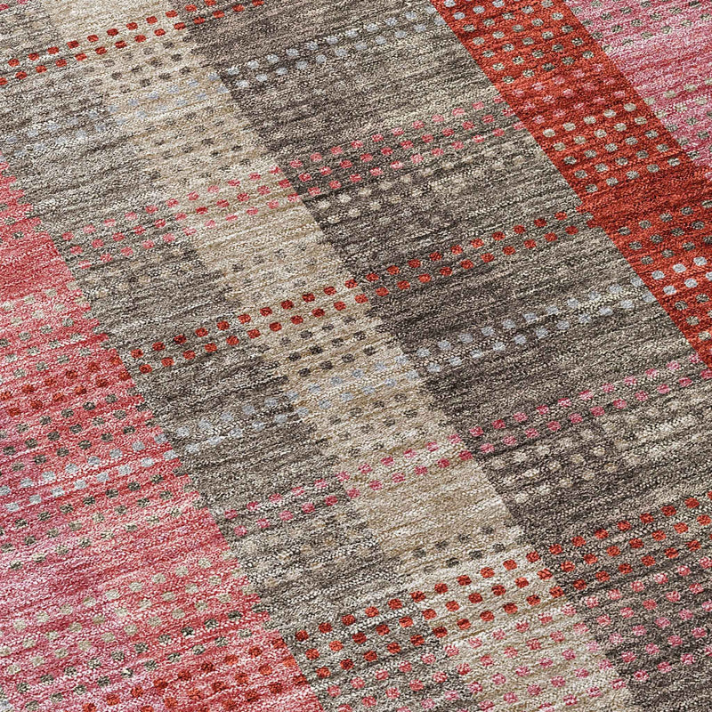 8' Red Pink And Pewter Round Plaid Washable Indoor Outdoor Area Rug