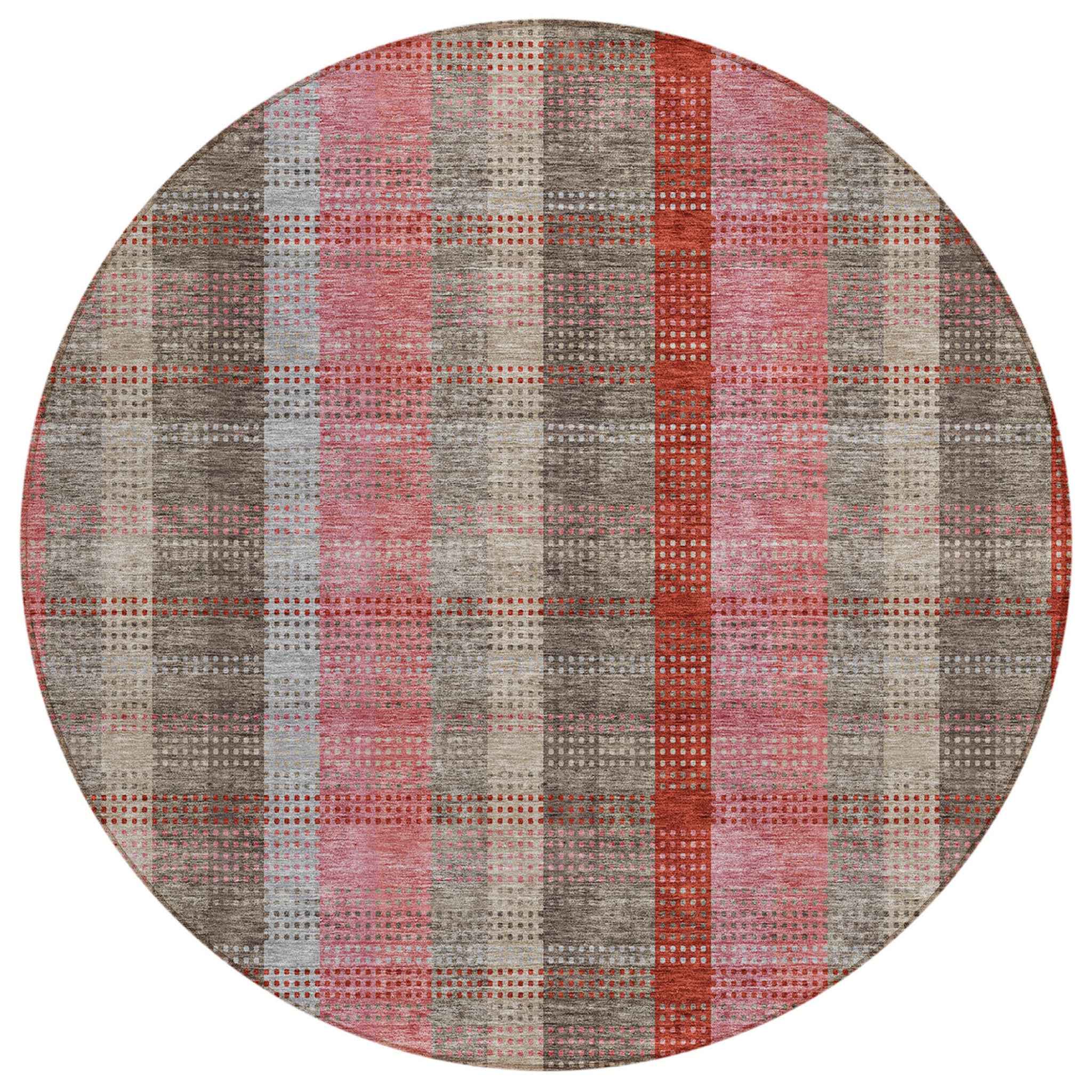 8' Red Pink And Pewter Round Plaid Washable Indoor Outdoor Area Rug