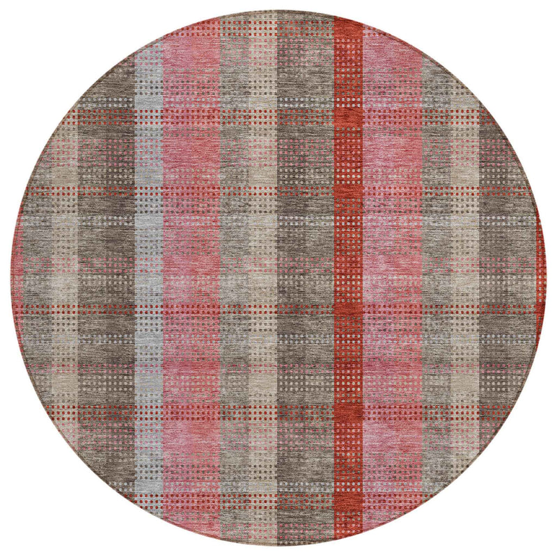 8' Red Pink And Pewter Round Plaid Washable Indoor Outdoor Area Rug