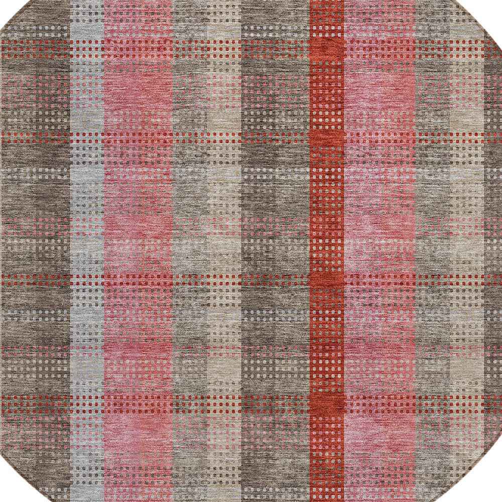 8' Red Pink And Pewter Round Plaid Washable Indoor Outdoor Area Rug