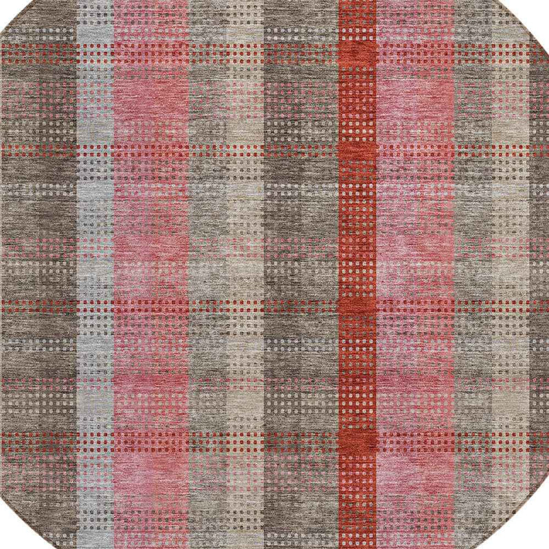 8' Red Pink And Pewter Round Plaid Washable Indoor Outdoor Area Rug