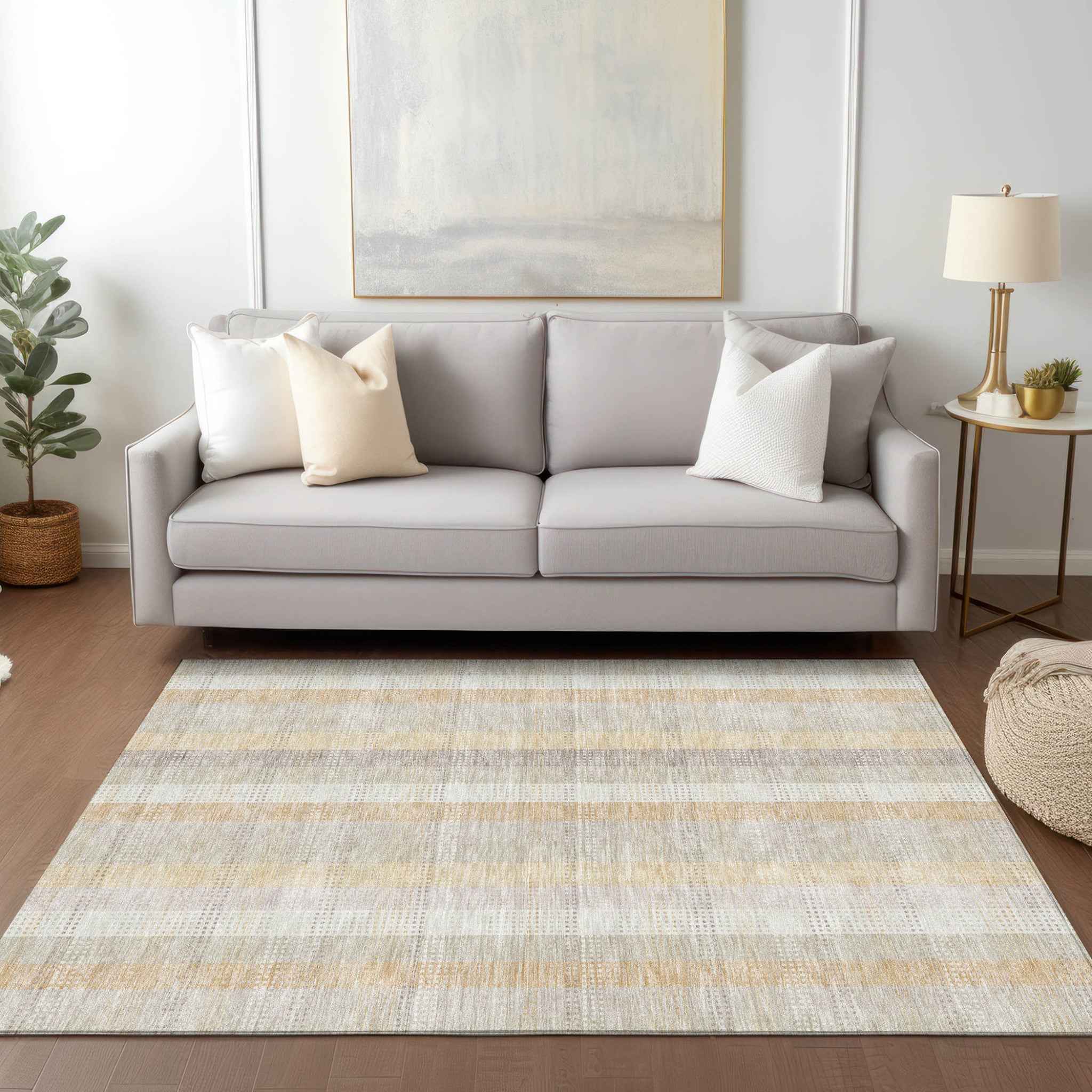 10' X 14' Ivory Beige And Tan Plaid Washable Indoor Outdoor Area Rug