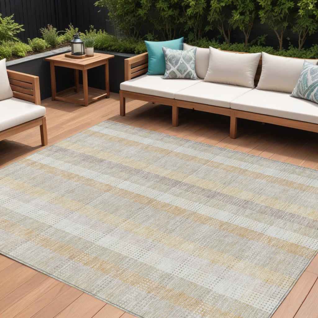 10' X 14' Ivory Beige And Tan Plaid Washable Indoor Outdoor Area Rug