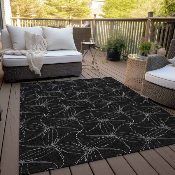 9' X 12' Black And Ivory Geometric Washable Indoor Outdoor Area Rug