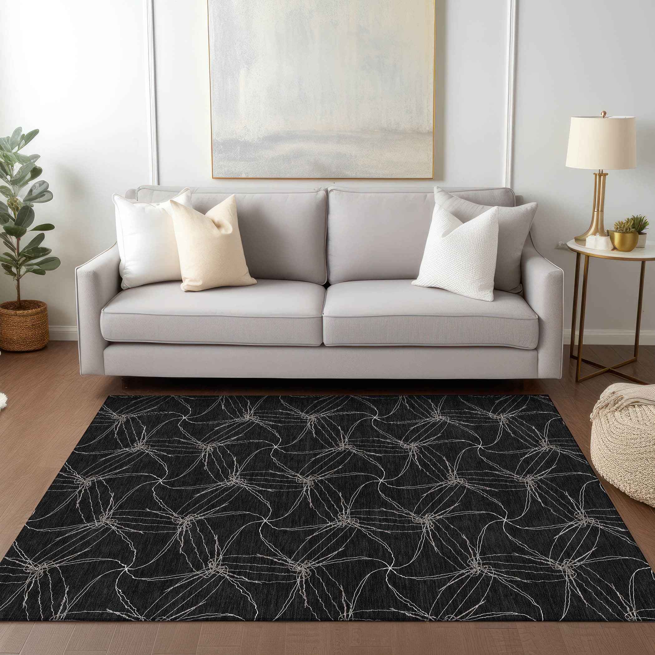 9' X 12' Black And Ivory Geometric Washable Indoor Outdoor Area Rug