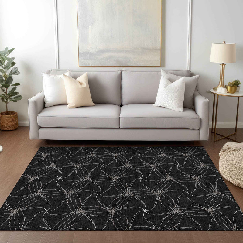 9' X 12' Black And Ivory Geometric Washable Indoor Outdoor Area Rug