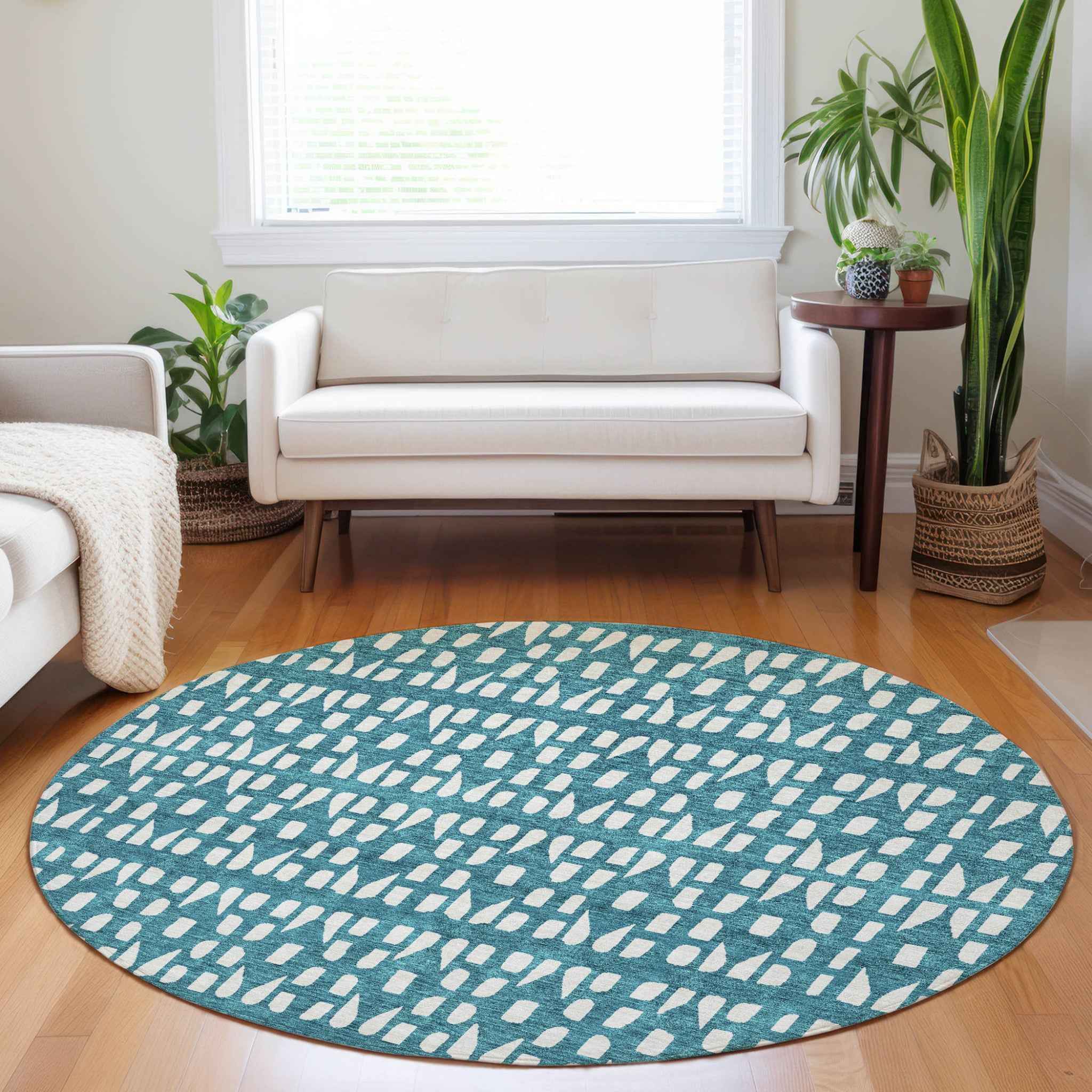 8' Teal Blue And Ivory Round Geometric Washable Indoor Outdoor Area Rug