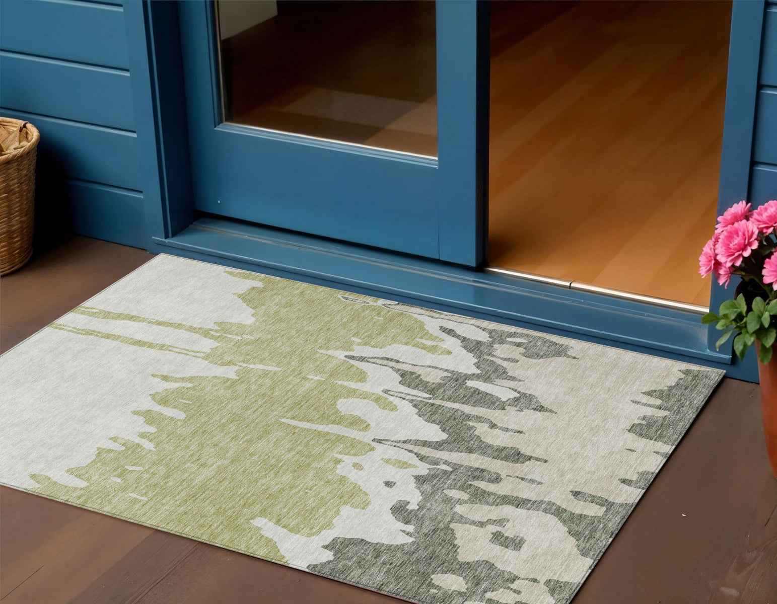 3' X 5' Sage And Ivory Abstract Washable Indoor Outdoor Area Rug